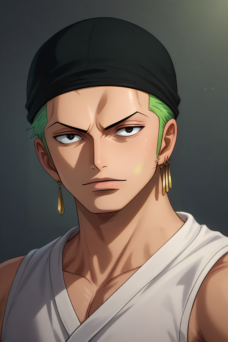 score_9, score_8_up, score_7_up, source_anime, , (photorealistic:0.6), looking at viewer, upper body, , 1boy, solo, male focus, <lora:zoro_roronoa_pony:0.94>, zoro_roronoa, green hair, black eyes, short hair, bandana, earrings, post timeskip, , , , katana, , , clown costume, sci-fi, , <lora:sdxl_lightning_8step_lora:1>