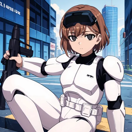 score_9, score_8_up, score_7_up,, misaka imouto,eyes,,short hair,,head-mounted display,,expressionless,empty eyes, clone trooper, holding an assault rifle, front view, on one knee looking at viewer, ruined city skyline, street
