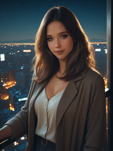 masterpiece, best quality, very aesthetic, dynamic lighting, realistic, 1 woman, solo, cinematic, <lora:JAlbDS:1> JAlbDS, brown eyes, looking at viewer, <lora:MoriiMee_Gothic_Niji_Style_Illustrious_r1:0.5> <lora:Beautiful_Girls_V4:0.5>, out on a midnight walk, suggestive, cowboy shot, graceful, slight smile, sleeping city, night, magical sky