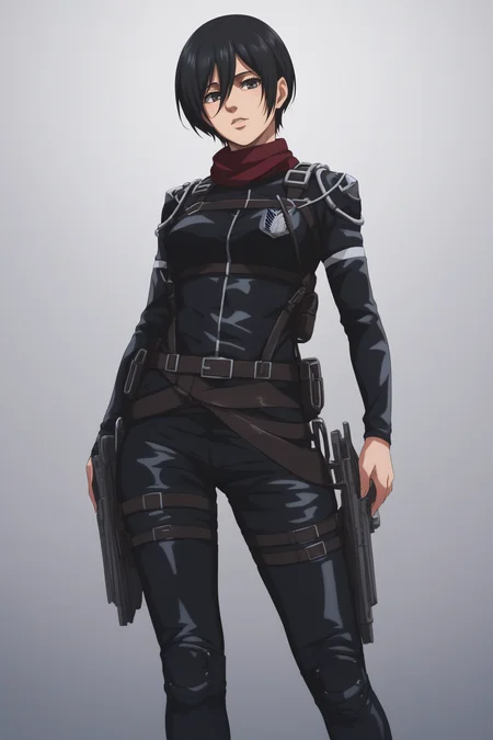 score_9, score_8_up, score_7_up, score_6_up, BREAK source_anime, <lora:adult mikasa ackerman-PonyXL-lora-faxtron:0.8> adult mikasa ackerman, black eyes, black hair, short hair, medium breasts, military uniform, armor, belt, thigh strap,