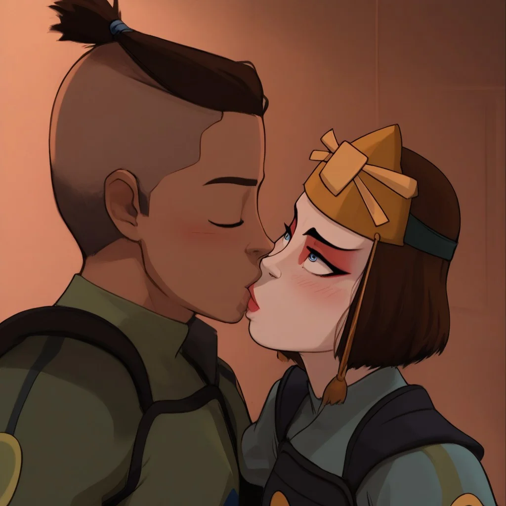 score_9, score_8_up, score_8_up, (perfect composition:1.1),(4k resolution:1.1), suki, 1girl, brown hair, short hair, blue eyes, topknot, kyoshiwarrior, makeup, helmet, green armor, breastplate, male wearing blue S0kka, blue eyes, brown hair, topknot, blue clothes, 1boy, kissing