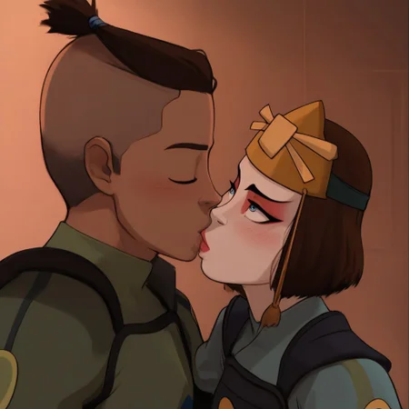 score_9, score_8_up, score_8_up, (perfect composition:1.1),(4k resolution:1.1),  suki, 1girl, brown hair, short hair, blue eyes, topknot,  kyoshiwarrior, makeup, helmet, green armor, breastplate, male wearing blue S0kka, blue eyes, brown hair, topknot,  blue clothes, 1boy, kissing