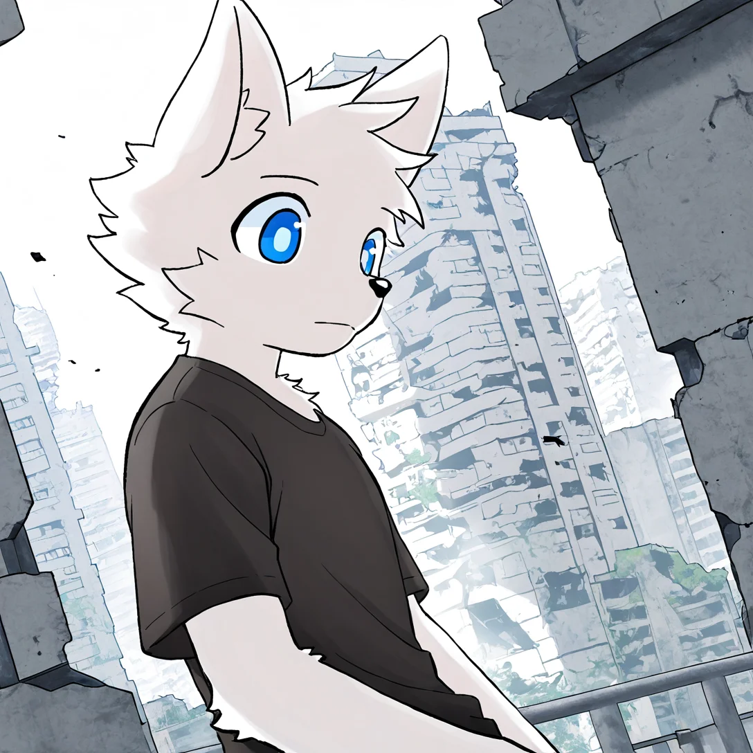 <lora:Lin:1>,lin,blue eyes,furry ears,furry male,solo,white fur,masterpiece,high quality,absurdres,black shirt,city ruins background,