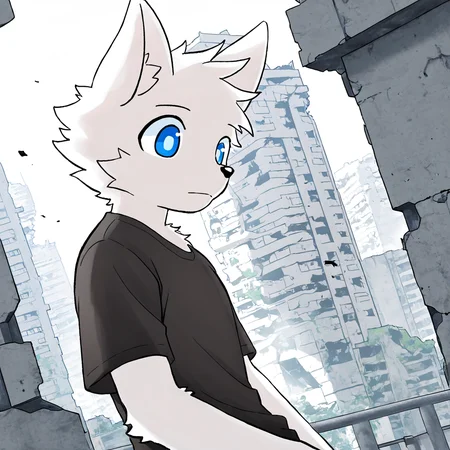 <lora:Lin:1>,lin,blue eyes,furry ears,furry male,solo,white fur,masterpiece,high quality,absurdres,black shirt,city ruins background,