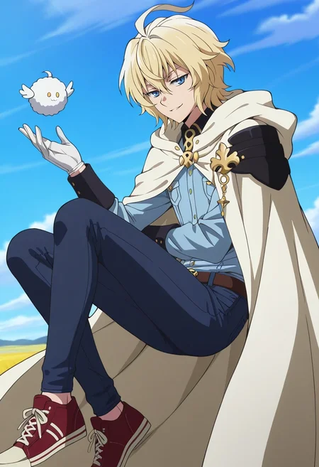 masterpiece, best quality, , anime screencap, , official style, , 1boy, solo, male focus, <lora:mikaela_hyakuya_ilxl:0.96>, mikaela_hyakuya, blonde hair, blue eyes, short hair, hair between eyes, bangs, ahoge, white gloves, cape, from side, prairie, noon, floating, seductive smile, White Cotton Fleur-de-lis Performance leggings, Denim shirt, Suede sneakers, , Cravat and andSki Goggles