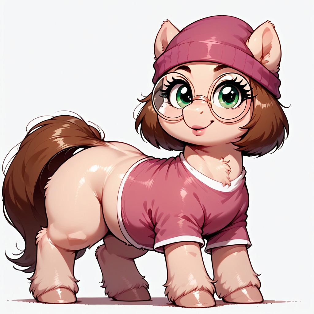 rating_questionable, score_9, score_8_up, score_7_up, ( pony:1.3), feral, Meg, looking at viewer, brown hair, round glasses, chubby, nerdy, clothed, cute pose, dynamic pose, full body, thighs, eyelashes, green eyes, tshirt,  beanie, detailed, realistic, BREAK, zPDXL3, MegaFluffyPony, fluffy, shiny
