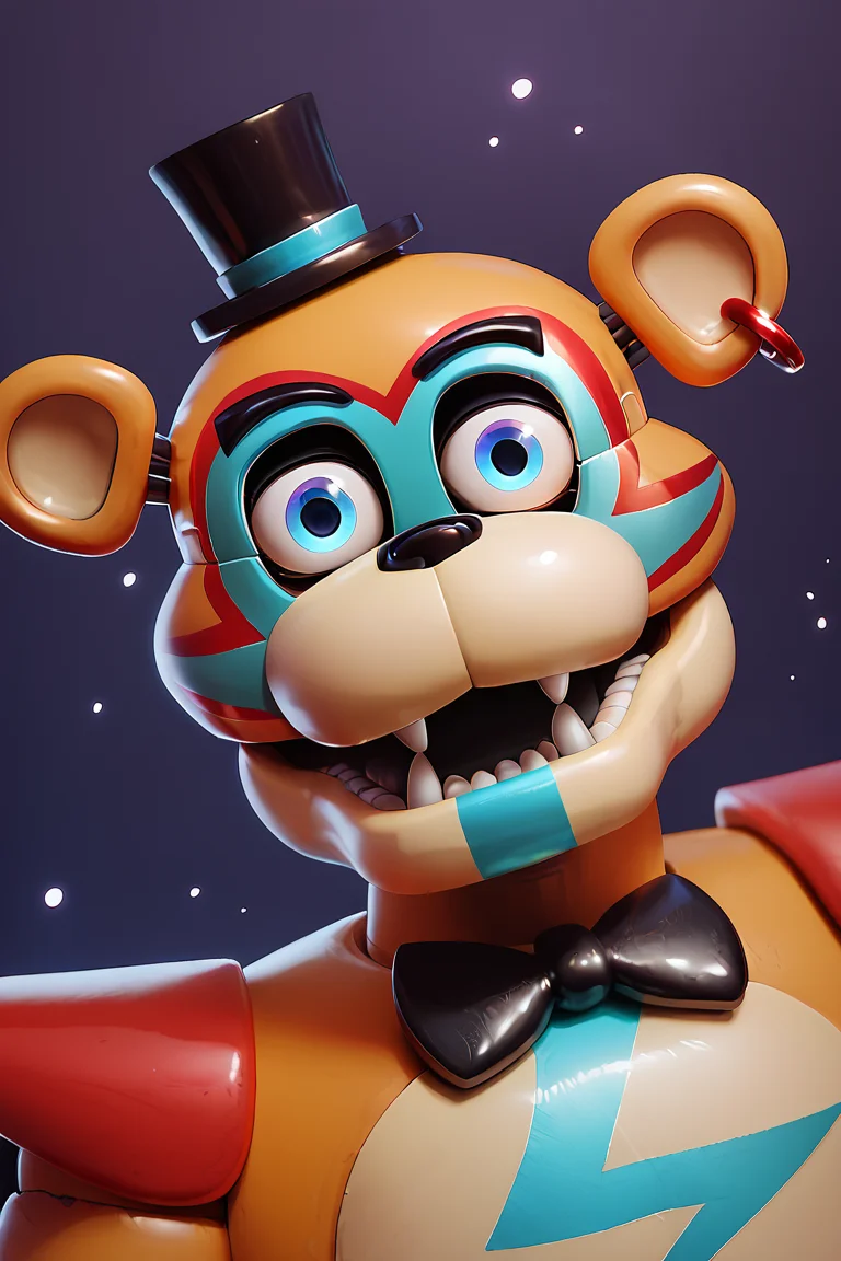 score_9, score_8_up, score_7_up, score_6_up, lots of details, close-up, portrait, FNAF, glamrockfreddy, animatronic, orange fur, blue eyes, top hat, earring, open mouth, looking at viewer, detailed, masterpiece, best quality, 32k, shaded, detailed shading, light particles, purple background <lora:GlamrockFreddyPony:0.95>