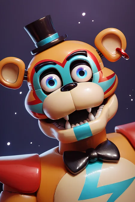 score_9, score_8_up, score_7_up, score_6_up, lots of details, close-up, portrait, FNAF, glamrockfreddy, animatronic, orange fur, blue eyes, top hat, earring, open mouth, looking at viewer, detailed, masterpiece, best quality, 32k, shaded, detailed shading, light particles, purple background <lora:GlamrockFreddyPony:0.95>