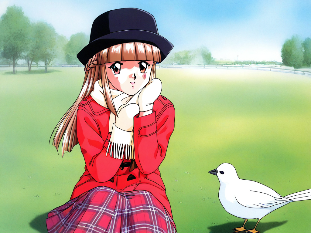 general,highres, ultra-detailed,very aesthetic,best quality ,best hands, BREAK <lora:Mikihara_Megumi_Tokimeki_Memorial_IS:1>
Mikihara_Megumi(Tokimeki_Memorial), 1girl, solo, light brown hair, long hair, brown eyes, blunt bangs, braid,
black hat, skirt, mittens, scarf, coat, 1990s (style), plaid, plaid skirt, gloves, looking at viewer, long sleeves, winter clothes, 
animal, bird,
grass, sky, park,