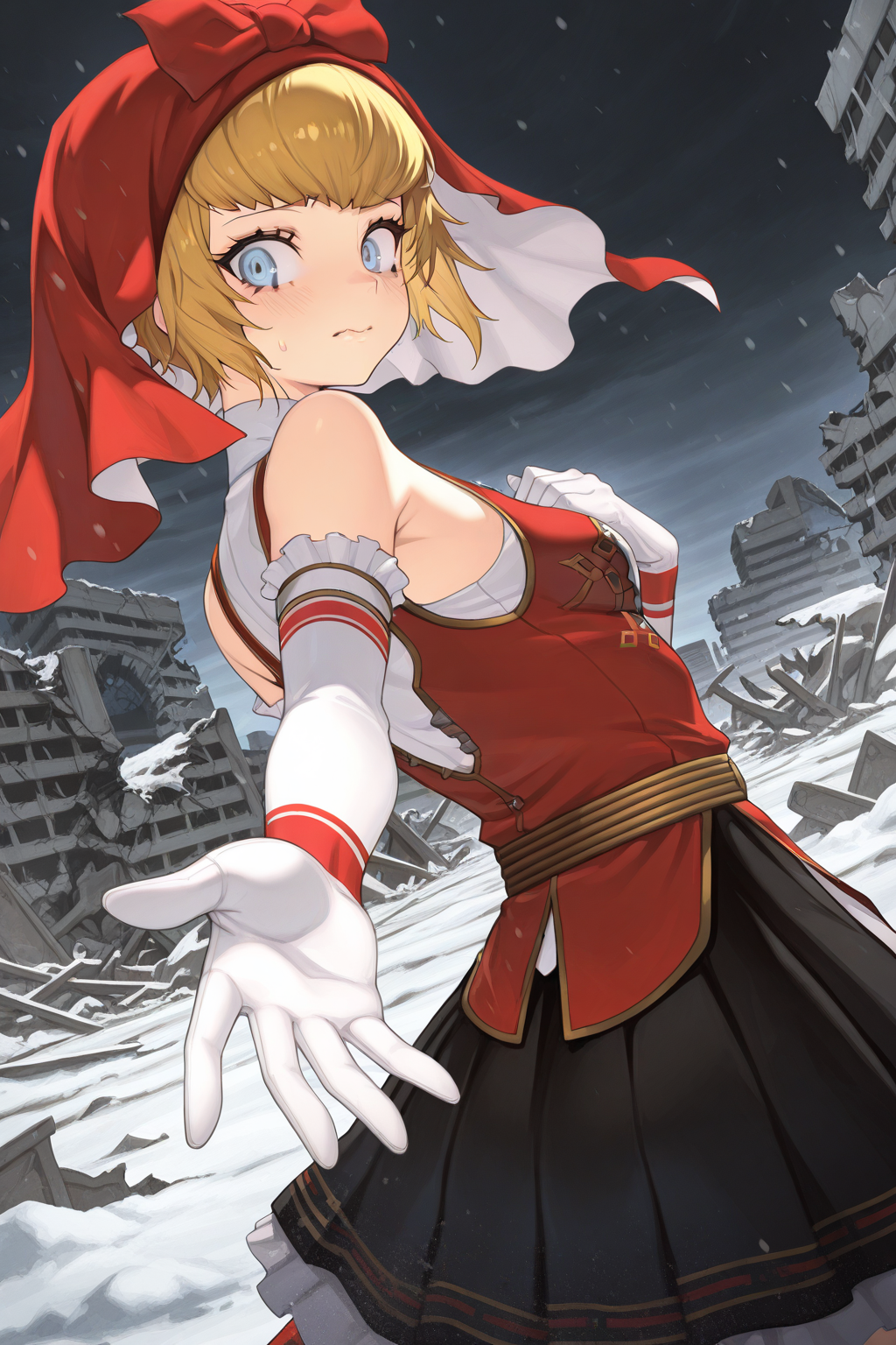 1girl,
IdunnShinMegamiTensei,
general, solo, perspective, dutch angle, from behind, upper body,
short hair, blonde hair, detailed eyes,
red hood, elbow gloves, 
skirt, 
looking back, nervous, hand on own chest, reaching,
tokyo, dark sky, ruins, building, blizzard,
<lora:kp_IdunnShinMegamiTenseiIllustrious_v1_0:1.0>,
masterpiece, best quality, amazing quality