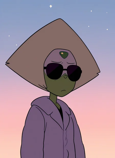 artist:, masterpiece, best quality, newest, very awa, absurdres, highres, sustl, 1girl, prdt, green skin, green forehead jewel, black sunglasses, black aviators, white fur coat, evening, stars, detailed, <lora:SDXL\Illustrous\Steven-Universe-Style-Illustious:1.0>