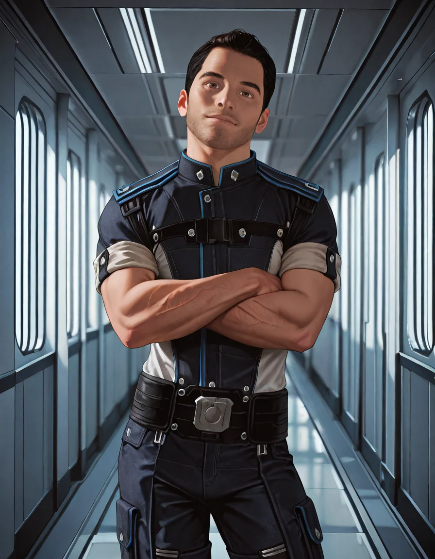 masterpiece, best quality, newest, perfect quality, best quality, detailed background, intricate details, male focus, solo, realistic, <lora:Mass Effect - Kaidan Alenko - Illustrious 2-000007:0.8>, mekalenko, 1boy, adult male, black hair, short hair, thick stubble, brown eyes, looking at viewer, spacecraft interior, uniform shirt, sleeves rolled up, head tilt, hallway, uniform belt, uniform pants, uniform boots, standing, crossed arms, contrapposto, (smile:0.5)