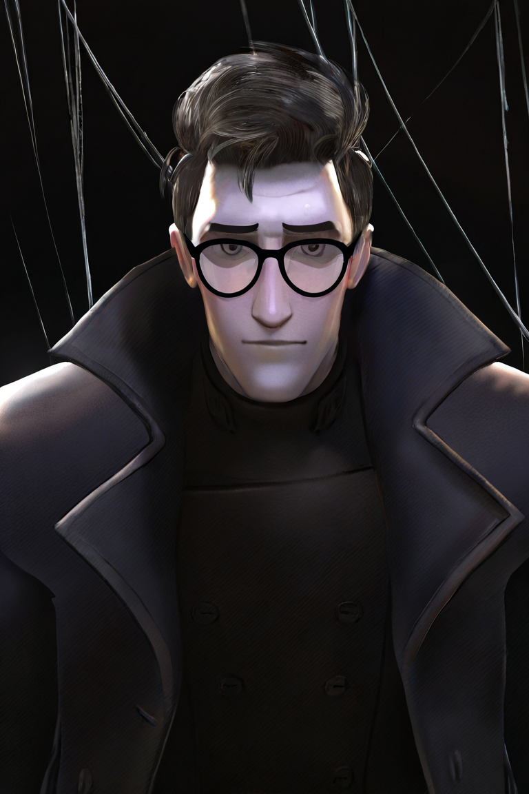 masterpiece, best quality, highres, newest, smnrsv, peterparker, 1boy, solo, male focus, mature male, short hair, black hair, grey eyes, grey skin, glasses, black-framed eyewear, black coat, trench coat, black vest, looking at viewer, facing viewer, portrait, upper body, black background, spider web <lora:Spider-Man Noir - Into the Spider-Verse v1.0 [LoRA] - NoobAI-XL EPS 1.0:0.8>