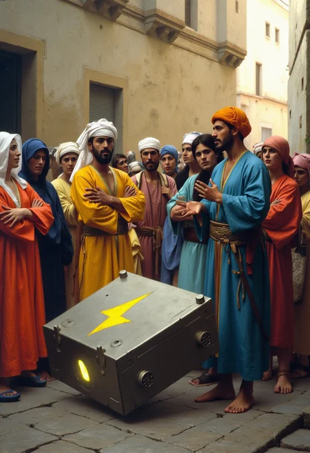 The scene is a crowded street in an Arabian town during the Ottoman Empire, as depicted in a 19th-century Orientalist oil painting by Jean-Leon Gerome. The painting depicts a market street, and the buildings in the background feature traditional Arabic architecture with geometric details around the doorways and windows. The men and women in the painting are wearing colorful traditional Arabic clothing. In the foreground, the focus of the oil painting is a man wearing traditional Arabic clothing, giving a speech and gesturing toward a large, futuristic box. The futuristic metal box is made of alien technology and has a glowing yellow lightning bolt symbol on the side (the Civitai Buzz logo). Several other men and women wearing traditional Arabic clothing are gathered around looking at the box, some with their arms folded across their chests.