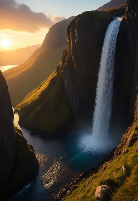 Scottish cliffs, waterfall, Dream Scenery,
detailxl, valley, mountains, rocks, spring, sunset