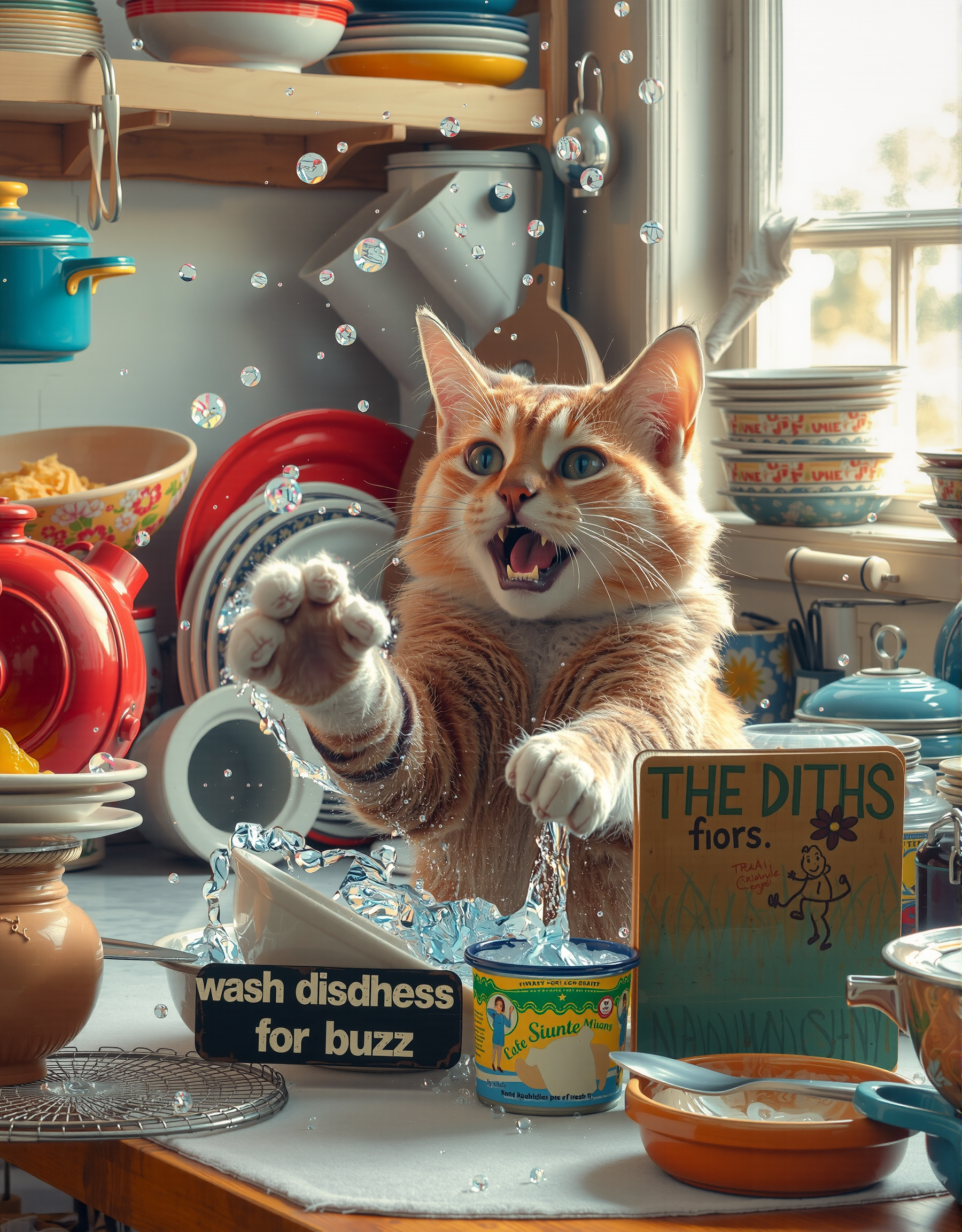 Imagine a whimsical and humorous scene where a cat is joyfully washing dishes in a cozy kitchen. The setting is filled with colorful pots and pans, and sunlight streams in through a window, creating a warm and inviting atmosphere. The mischievous cat, with a playful expression, is using its paws to splash water onto the dishes, surrounded by bubbles and suds. A small sign nearby humorously reads, "wash dishes for buzz," adding a quirky and unexpected element to the scene. Capture the charm and humor of this unique moment, emphasizing the cat's antics and the delightful chaos of the kitchen. Let the lighting enhance the playful mood, creating a cheerful and lighthearted ambiance that will bring a smile to everyone's face.
