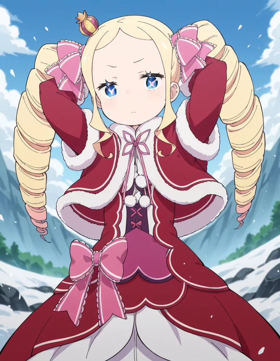 score_9, score_8_up, score_7_up, source_anime, <lora:rezero-beatrice-s3-p1-ponyxl-lora-nochekaiser:1>, beatrice, long hair, blue eyes, blonde hair, twintails, hair ribbon, sidelocks, symbol-shaped pupils, drill hair, twin drills,, dress, ribbon, fur trim, capelet, crown, mini crown, red capelet, frills, bowtie,, glacier, ice, cold, blue, snowy, , hands behind head,, looking at viewer, solo,, dutch angle, cowboy shot