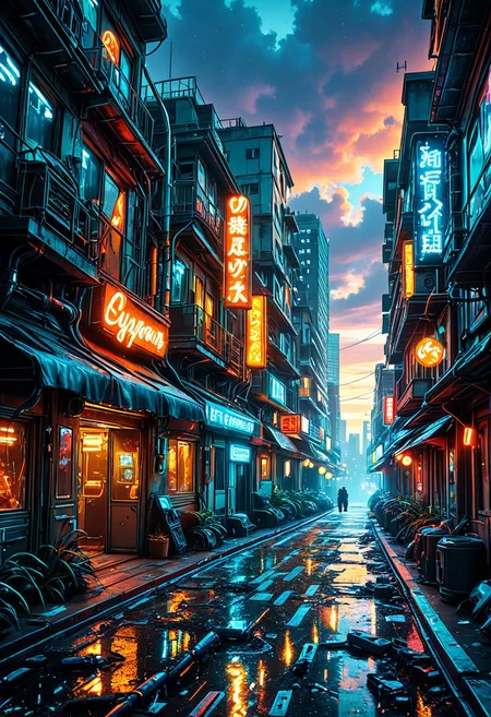 SmoothNoob_Quality, science fiction, no humans, HDR, cyberpunk, mountainous horizon, neon lights, cityscape, skyscrapers, landscape, twilight, very intricate, scenery, very detailed, sharp, bright, colorful, industrial, houses, tall buildings, pollution, street, lamppost,βββ <lora:Smooth_Booster:0.5>βββ