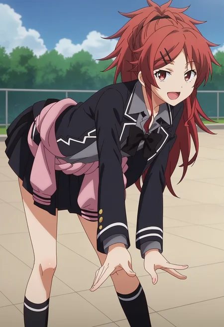 score_9, score_8_up, score_7_up, source_anime,
BREAK
1girl, solo, anime screencap, anime coloring,
<lora:shiChisgusaV1:1>, chiasuha, ponytail, red hair, long hair,
pleated skirt, blazer, black skirt, black jacket, school uniform, grey shirt, clothes around waist, socks, black socsk,
looking at viewer, smile, leaning forward, bent over, v over eye, open mouth,
