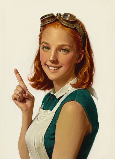 masterpiece, best quality, amazing quality, very aesthetic, absurdres, photorealistic, realistic, 1girl, solo, orange hair, shirt, female focus, looking at viewer, upper body, white apron, green dress, sleeveless, portrait, medium hair, smile, teeth, index finger raised, goggles on forehead, green eyes, simple background, norman rockwell
