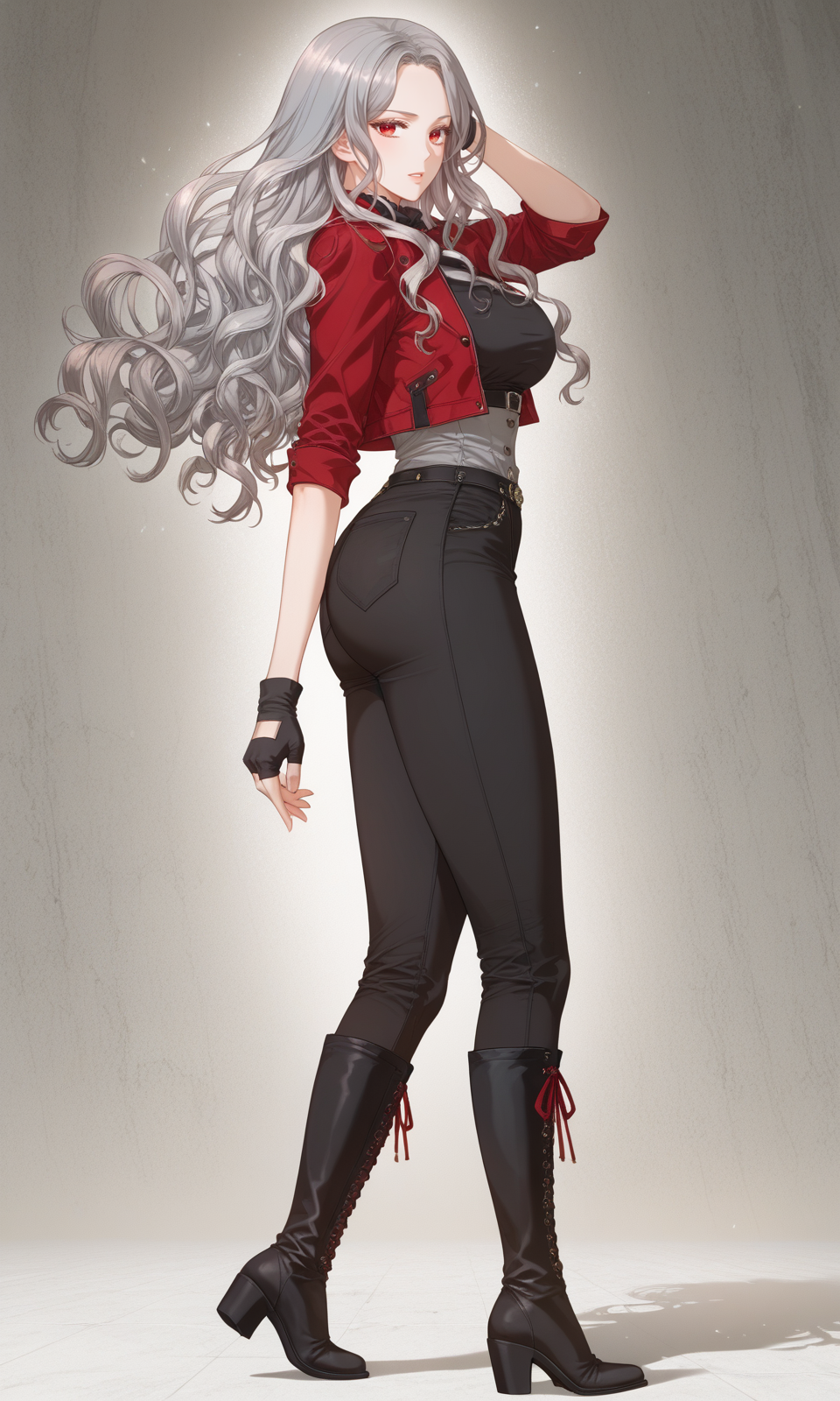 zPDXL3, score_9_up, score_8_up, score_7_up, (Anime_source),Masterpiece,(perfect female body:1.2), small waist,(incredibly detailed:1.4), slim, beautiful fingers, beautiful white skin, Beautiful clear skin, (huge breasts:1.1) (large breasts:1.1) (thick thighs:1.5)looking at viewer, from side, big breasts, ass, perfect ass, arne, 1girl, red eyes, grey hair, long hair, wavy hair<lora:Arne_-_Lips_On_The_Tip_Of_a_Knife__ManhwaWebtoon-000005:1> gloves, red eyes, fingerless gloves, pants, jacket, standing, (high boots:1.5)