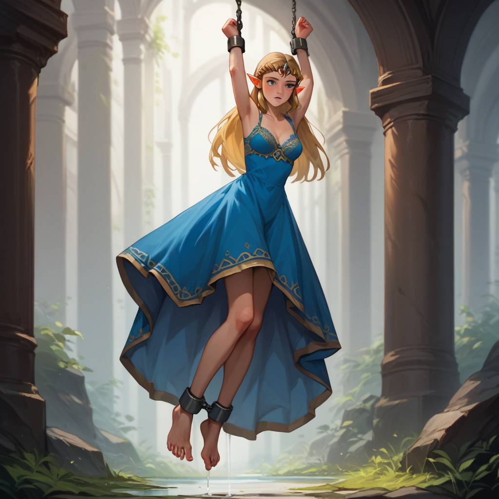 source_anime, colorful, score_9, score_8_up, score_8, (masterpiece), hanging_suspension, BREAK, 1girl, Princess Zelda, blue dress, breasts covered, lace bra, 1woman, bondage, bdsm, suspension, standing, arms_up, cuffs, bound_wrists, upright_restraints, tiptoes, feet_dangling