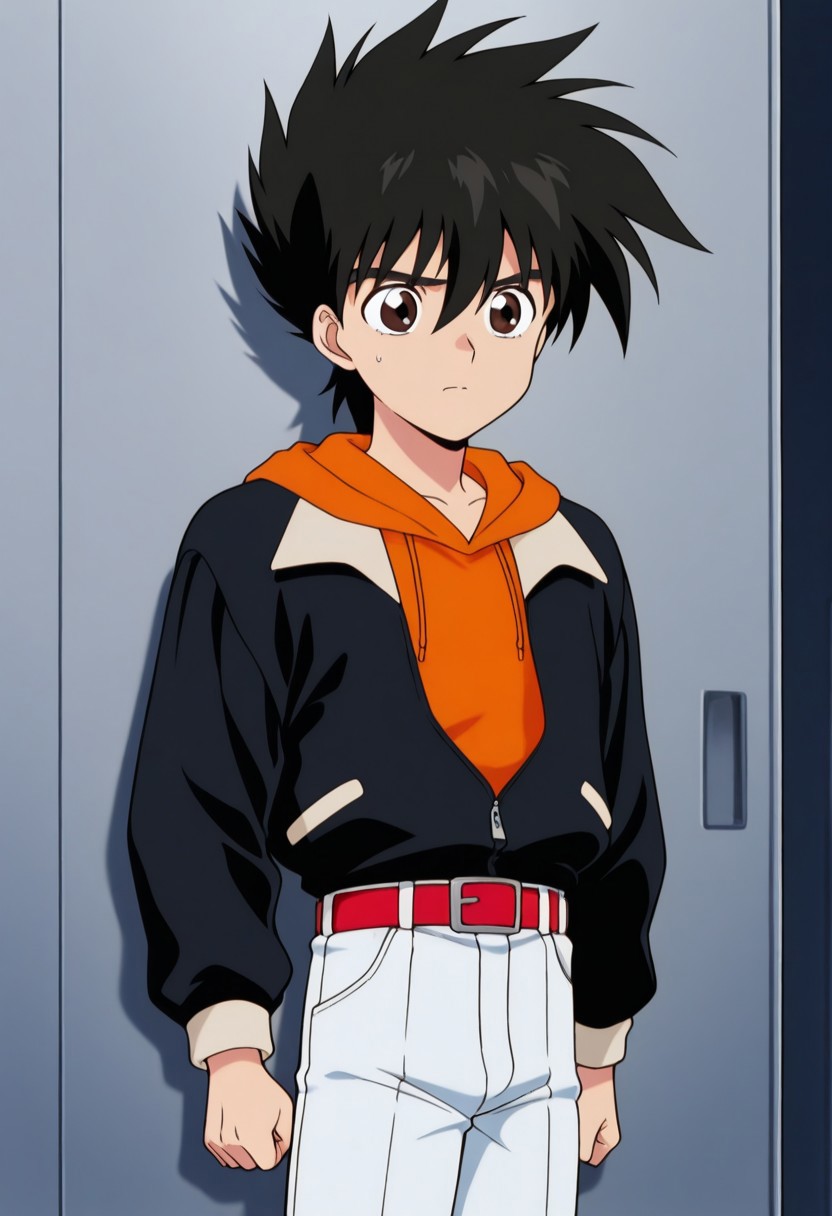 masterpiece,best quality,amazing quality, source_anime,
hayatokazami, 1boy, male focus, solo, brown eyes, black hair, hoodie, orange hoodie, hood, jacket, black jacket, partially unzipped, belt, red belt, pants, white pants,