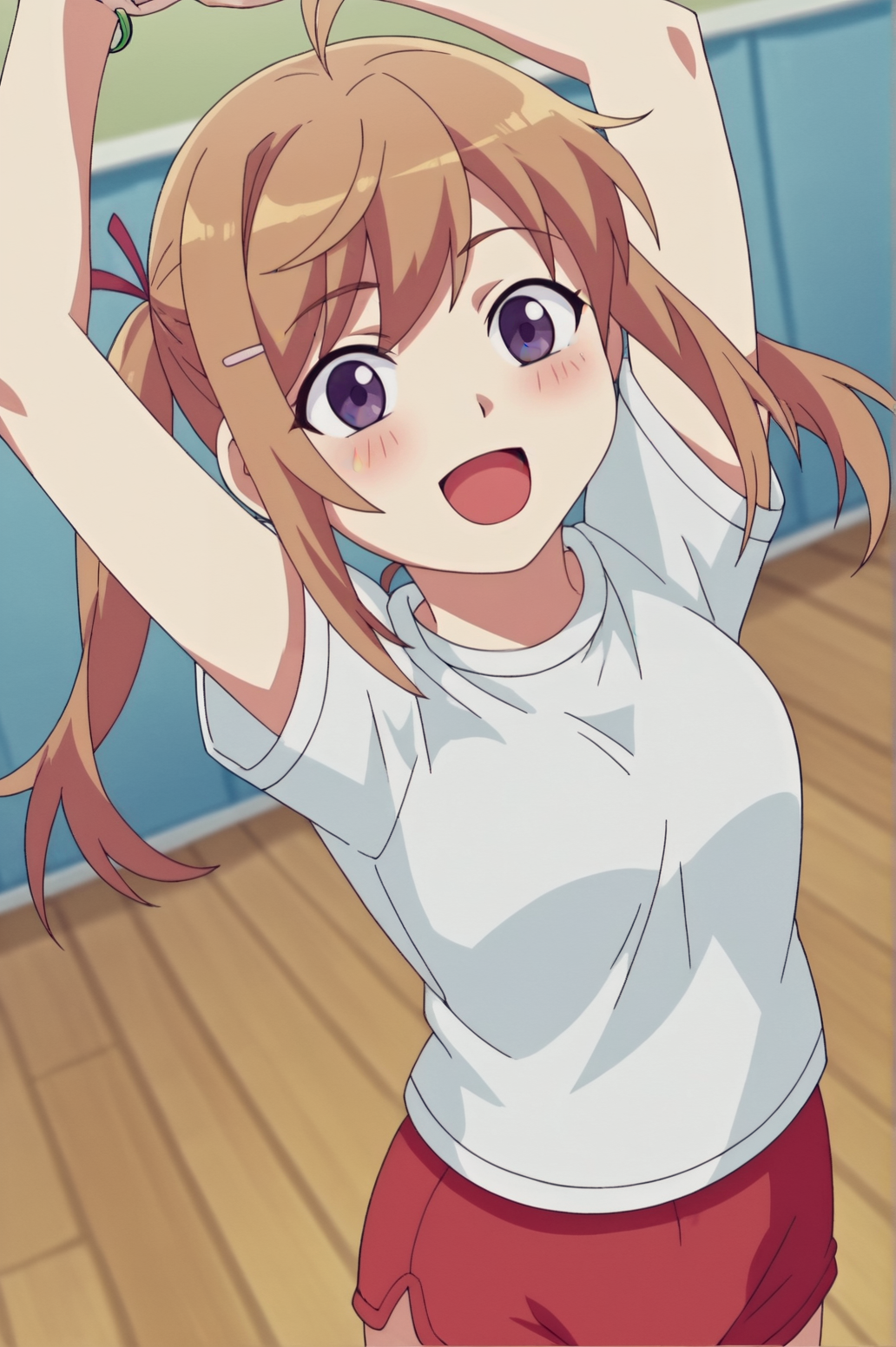 score_9, score_8_up, score_7_up,anime_source, source_anime, best background, detailed background, anime screencap,  Milky, Sport Outfit, indoors, shirt, solo, blush, happy, dynamic angle, dynamic pose, arms up, dancing, <lora:JN_Milky:0.8>