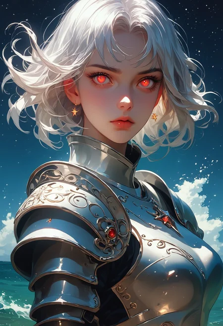 masterpiece,best quality, highly detailed, score_9, score_8_up, score_7_up, score_6_up, source_cartoon,Expressiveh,g4n1m3,comicbookpage style,
1girl, solo, A knight with silver and white armor and glowing red eyes is surrounded by the ocean, it is night and there are stars to see. Add more details. Highly detailed