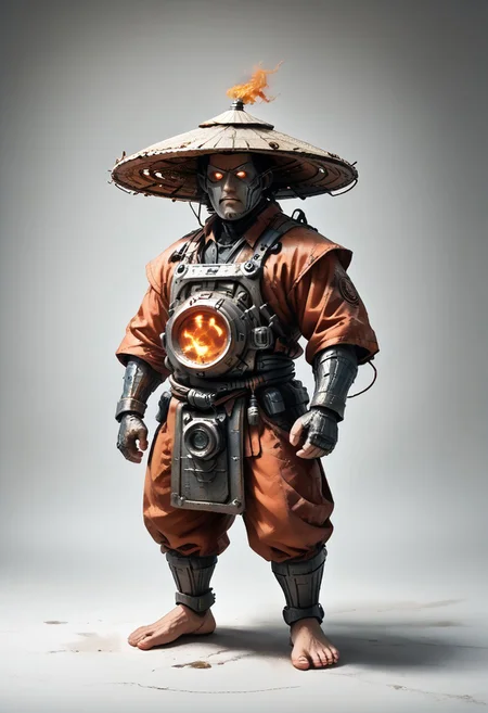masterpiece, best quality, newest,
eyecatching composition, dynamic pose, dynamic angles, detailed background of bamboo forest, Asian conical hat, strawhat, conical hat,
A Shadow faster than the light
Like cosmic fire his presence is
Shining in the night
Born from high technology
Too fast for human eyes to see
A soldier made of cyber steel
Create to kill the enemy
By neutreon power he is ready to strike
Can you feel the fire
See the anger in his burning eyes
He's the Super Sonic Samurai
By jetpack power he's ready to fly
He's the Super Sonic Samurai
Laser Katana high up to the sky
For the Super! Sonic Samurai!
barefoot plantigrade furry male, panda bear, chubby