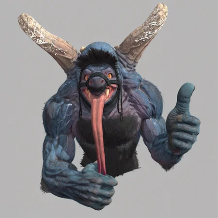 Zpdxl3, Score_7_up, score_8_up, portrait, upper body, 2d, solo, cel shading, (source_cartoon),
BREAK,
monster, abzu, blue skin, teeth, fur, black hair, tail, spikes, longue tongue, bridle, (thumbs up), grey background,
