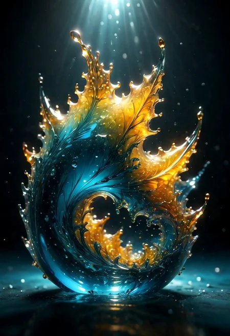 An abstract shape, amazingly fluid, made of glass, detailed, 3d fractals, light particles, water drops, shimmering light, surreal, ink, smooth, shimmering, glow, cinematice contrast, Glow, 16k, crytal clear,