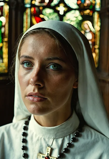 woman, age25, nun, rosary, cathedral interior, stained glass windows, focus on face, green eyes, perfect eyes, solemn, Hyperrealistic art cinematic film still photography in the style of detailed hyperrealism photoshoot,RAW,color graded portra 400 film,remarkable color,realistic dull skin noise,Thorough,analog style,highest quality,skin pores,sharp focus,dappled lighting,film grain,photographed on a Sony A7R IV,18mm F/1.7 cine lens,(highly detailed, intricately detailed),8k,HDR,