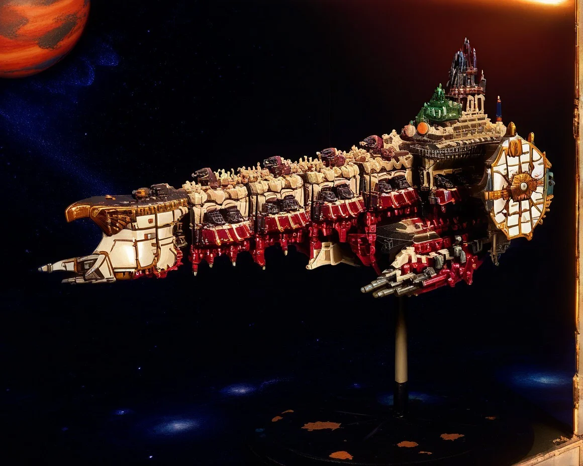 <lora:Apocalypse-class_Battleship_Illustrious:1.1>,Apocalypse-class Battleship, massive diorama, miniature terrain, warhammer display, space backdrop, painted details, dramatic lighting, tabletop scene
,masterpiece,best quality,amazing quality