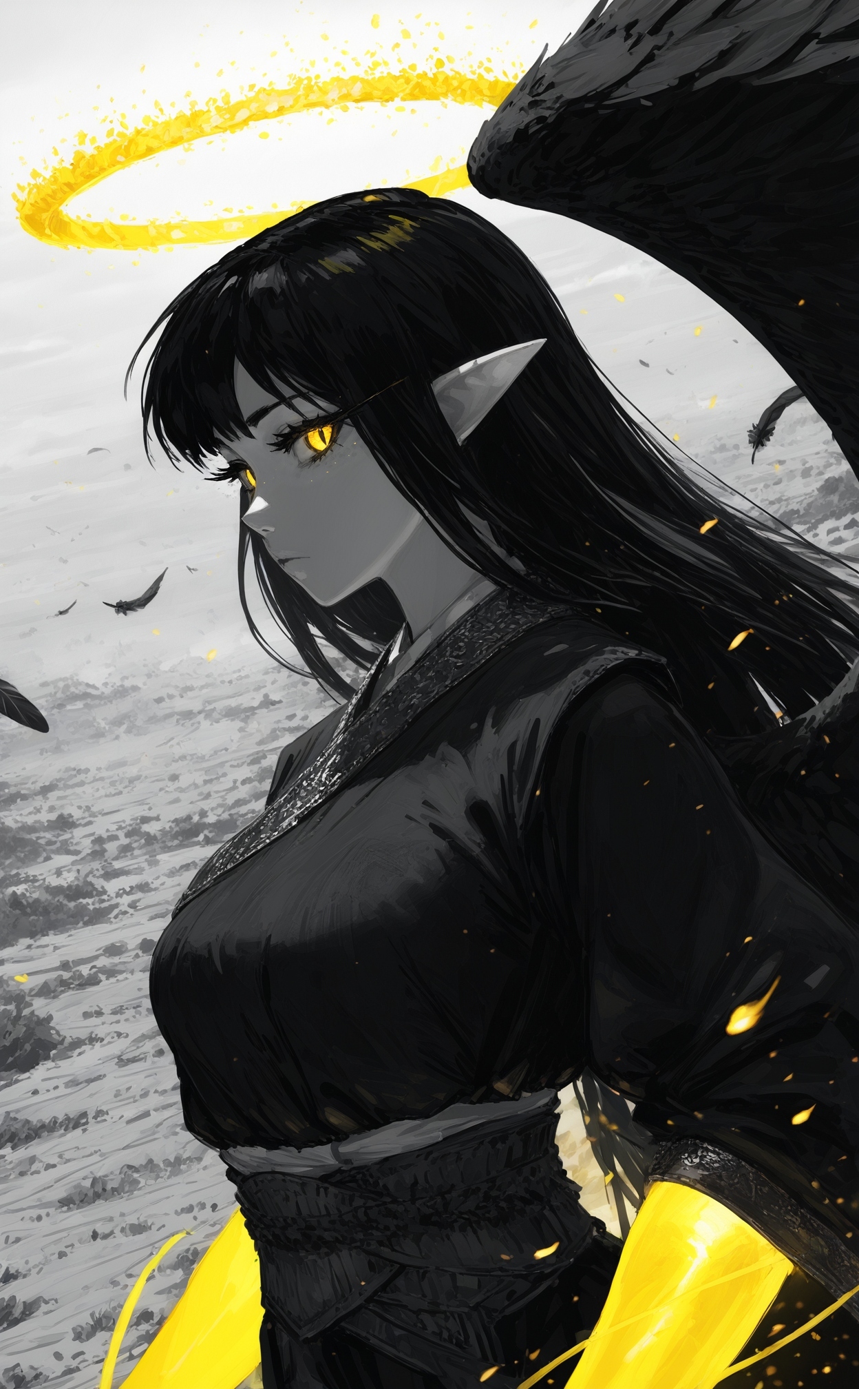 portrait,  dynamic angle, dutch angle, expressionless,  monochrome, partially colored, greyscale, 
(glowing yellow aura:1.1) theme, (dynamic pose:1.2), glowing yellow arms,
aurel crown, 1girl, black hair, straight hair, sideways glance, staring, glowing yellow eyes, slit pupils, thick eyelashes, long eyelashes, glowing halo, winged halo, elf ears, glowing clothes, glowing eyes,
black feathers, black feathered wings,
detailed background, glowing theme, yellow embers floating around, 
outdoors, (scenery:1.2), textured detailed illustration, gradient skin, 
very awa, best quality, highres, masterpiece, very aesthetic,
elegant, aristocratic clothes, 
<lora:nhl-003:0.9> nhl-003,