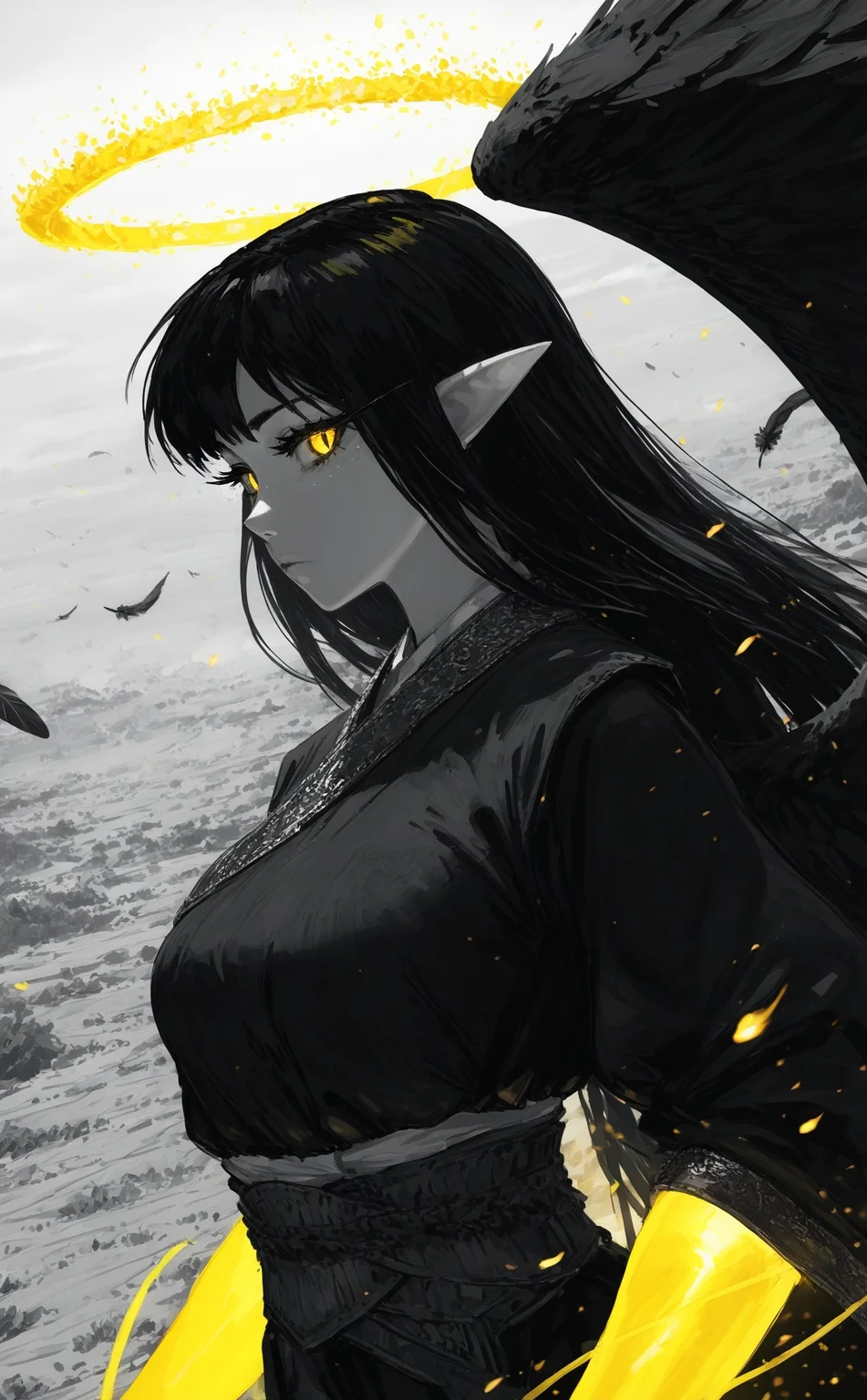 portrait, dynamic angle, dutch angle, expressionless, monochrome, partially colored, greyscale,
(glowing yellow aura:1.1) theme, (dynamic pose:1.2), glowing yellow arms,
aurel crown, 1girl, black hair, straight hair, sideways glance, staring, glowing yellow eyes, slit pupils, thick eyelashes, long eyelashes, glowing halo, winged halo, elf ears, glowing clothes, glowing eyes,
black feathers, black feathered wings,
detailed background, glowing theme, yellow embers floating around,
outdoors, (scenery:1.2), textured detailed illustration, gradient skin,
very awa, best quality, highres, masterpiece, very aesthetic,
elegant, aristocratic clothes,
<lora:nhl-003:0.9> nhl-003,