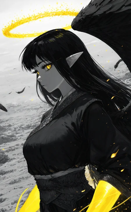 portrait, dynamic angle, dutch angle, expressionless, monochrome, partially colored, greyscale,
(glowing yellow aura:1.1) theme, (dynamic pose:1.2), glowing yellow arms,
aurel crown, 1girl, black hair, straight hair, sideways glance, staring, glowing yellow eyes, slit pupils, thick eyelashes, long eyelashes, glowing halo, winged halo, elf ears, glowing clothes, glowing eyes,
black feathers, black feathered wings,
detailed background, glowing theme, yellow embers floating around,
outdoors, (scenery:1.2), textured detailed illustration, gradient skin,
very awa, best quality, highres, masterpiece, very aesthetic,
elegant, aristocratic clothes,
<lora:nhl-003:0.9> nhl-003,