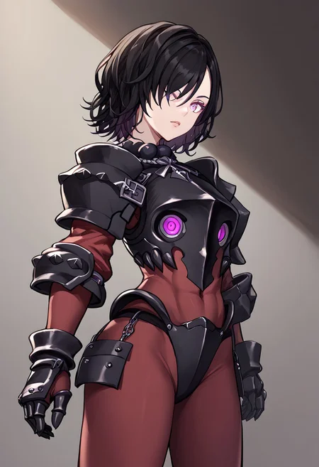 score_9, score_8_up, score_7_up, score_6_up, score_5_up, score_4_up, source_anime, solo, 1girl,
berengaria, black hair, short hair, purple eyes, hair over one eye, maroon bodysuit, long sleeves, black armor, gauntlets,
masterpiece, best quality, very aesthetic, absurdres,