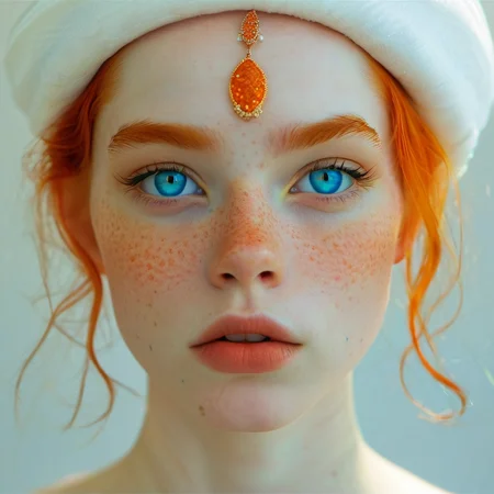 Minimalist style solo,blue eyes,1girl,looking at viewer,portrait,lips,parted lips,orange hair,jewelry,freckles ,<lora:renlian-000005:1>, . Simple, clean, uncluttered, modern, elegant