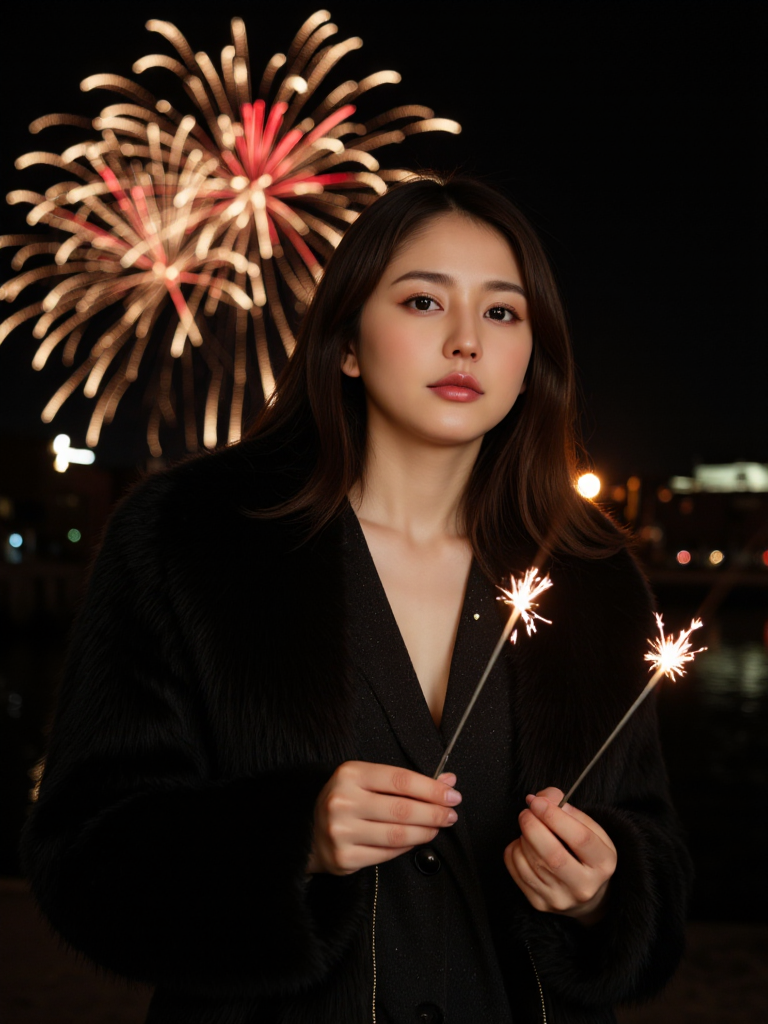 There are wonderful studio lights and various reflections,
18yo beautiful cute girl with blushing and female orgasm.skin naturally showing the texture of blood vessels and detailed pale skin,
--,
<lora:Masami_Nagasawa_f1:0.9>,she is Masami Nagasawa, In clear,Elle,a beautiful young woman in a black fur coat,holds a sparkler in each hand,cleavage and collarbone,it is night and behind her a beautiful firework display can be seen in the sky... aidmatextimprover,,