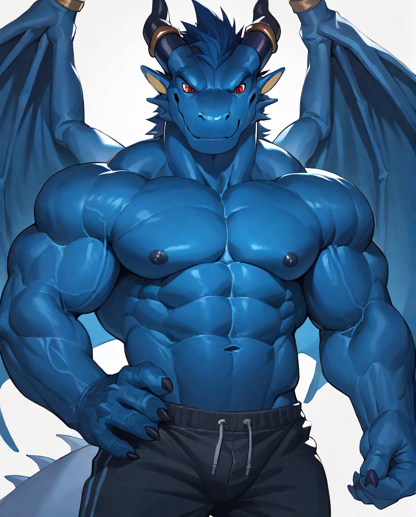 source_furry,score_9,score_8 up,score_7 up,score_6 up,male,anthro,furry,1boy,solo,blue_dragon,dragon,wings,horns,blue body,red eyes,muscles,muscular,bodybuilder,abs,pectorals,biceps,huge muscles,large muscles,hyper muscles,<lora:Blue_Dragon:0.9>,