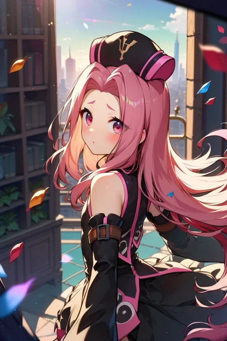 score_9, score_8_up, score_7_up, very aesthetic, source_anime, detailed, high quality, beautiful, masterpiece, detailed eyes,
<lora:lightXL:0.8>
cityscape, blurry background,
<lora:action-sdxl-V0.5:1>zdyna_pose
dynamic angle, upper body, close up,
from behind, looking back, surprised, blush,
<lora:arietta_autismConfetti_v01:0.99>flat chest,
1girl, arietta \(tales\), black headwear, pink hair, pink eyes, garter straps, thighhighs, thigh boots, very long hair, zettai ryouiki, detached sleeves, parted hair, frills, black dress,, zPDXL