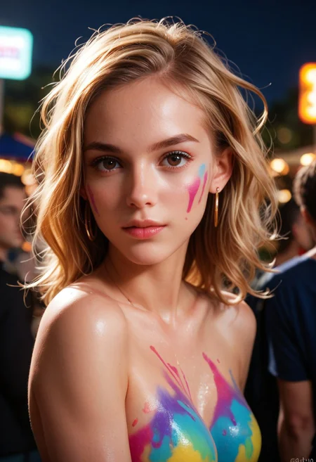 score_9, score_8_up, score_7_up, score_6_up,
1girl, 25 years old,
dark eyes, looking at viewer,
blond hair, messy hair,
earings, bare shoulders,
fluorescent body paint, night party,
depth of field, film grain,