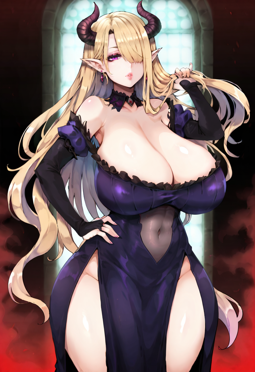 score_9, score_7_up,  1girl, 
solo, huge breasts, wide hips, thick thighs, gothic, gothic dress, cleavage, hair pulled back, choker, curvy, hand on own hip, earrings, very long hair, hair over one eye, pointy ears, bridal gauntlets, horns, looking at viewer, standing, purple dress, long hair, dress, purple eyes, breasts, jewelry, thighs, mature female, blonde hair, lips, covered navel, alternate hairstyle
 <lora:Tousen-Style-PonyXL-GLoRA-v1.1-000055:1>