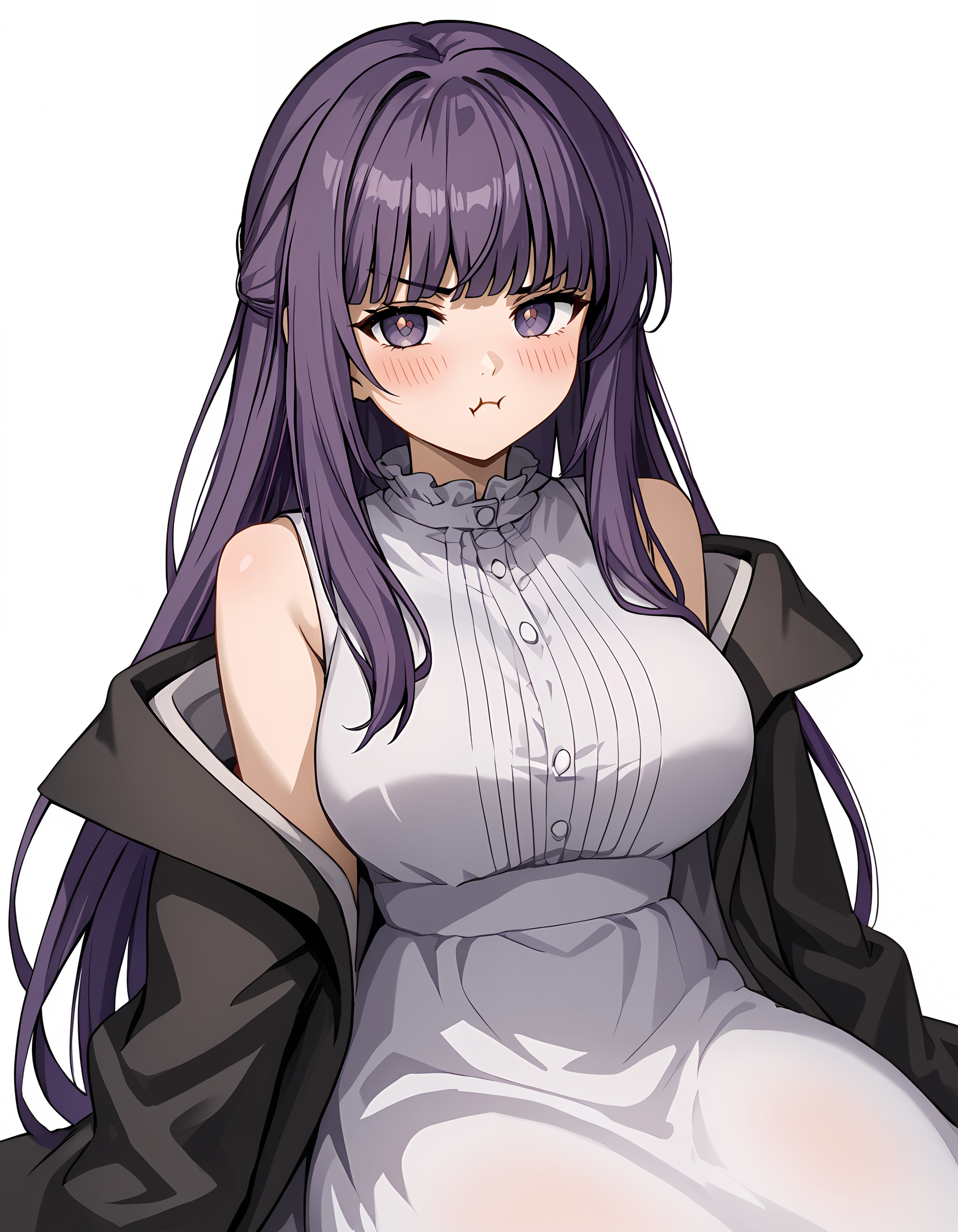 <lora:Frern:1>f3rn, purple hair,  1girl, pout, closed mouth, white dress, looking at viewer, white background, sitting, :t, simple background, blush, long sleeves, black coat, wariza, frilled collar, sleeveless, purple pupils, v-shaped eyebrows, open clothes