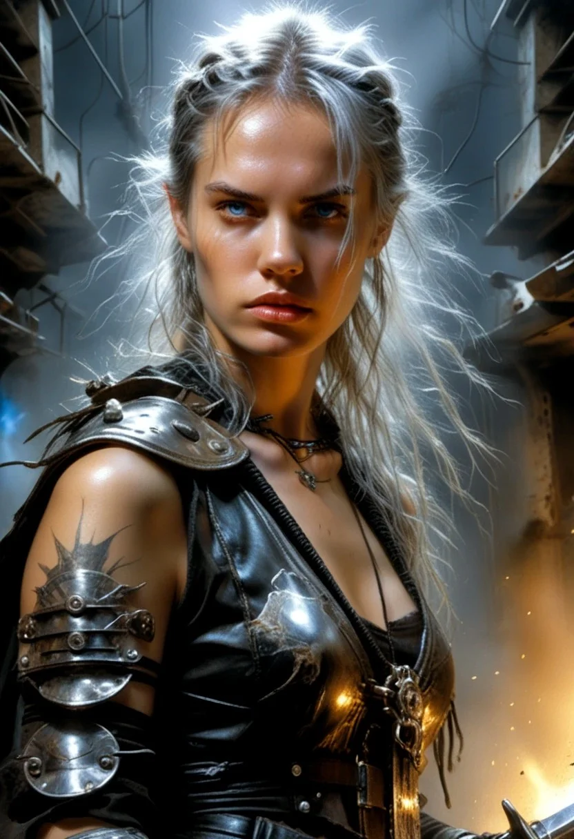 Silver-haired young woman,
piercing light blue eyes,
black leather battle gear,
wielding a silver blade,
enhancing the silver hair's texture and leather's intricate details,
talking with fellow warriors,
under dramatic lighting,
ultra realistic,
highly detailed.,
sf,
intricate artwork masterpiece,
ominous,
matte painting movie poster,
golden ratio,
trending on cgsociety,
intricate,
epic,
trending on artstation,
by artgerm,
h. r. giger and beksinski, Luis Royo
highly detailed,
vibrant,
production cinematic character render,
ultra high quality model