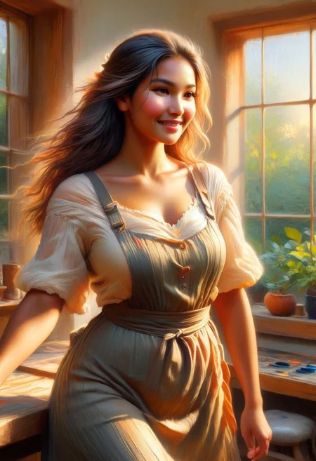 (Oil painting) Khmer woman artisan with glowing clear skin and a gentle smile, standing in a sunlit workshop. She wears a cute, slightly smudged apron, her long hair cascading softly around her shoulders. The warm golden light streams through large windows, casting intricate shadows on her body. Sun-kissed highlights illuminate her face and arms, while soft warm shadows play across the background. The scene captures a romantic atmosphere, inspired by the styles of Winslow Homer and Thomas Eakins.
Strong wiry build, Beautiful sexy busty. Her full lips curve into a gentle smile. Long, silky black hair frames her heart-shaped face. Strong hands delicately working on an intricate craft piece. Her graceful magical movements and posture exude confidence and skill. Sun-kissed highlights accentuate her curves.