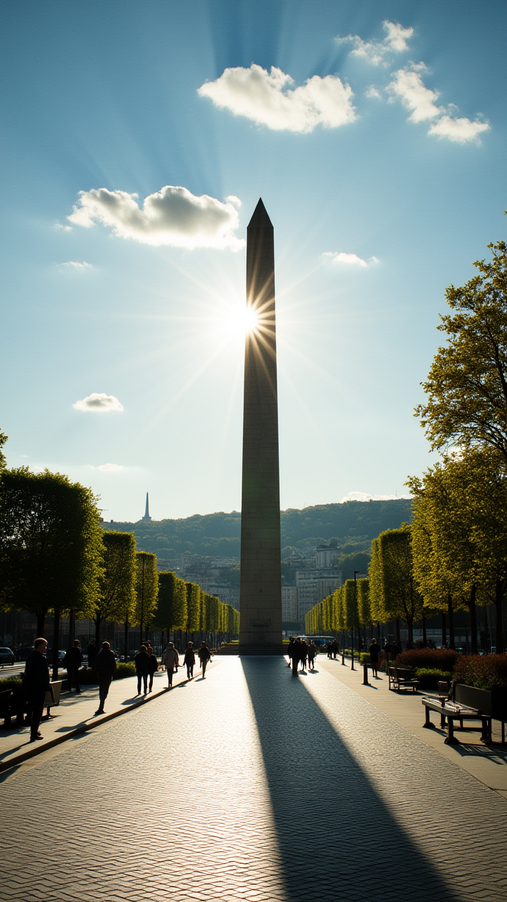 RAW photo, The iconic Parisian landmark, the Freedom of France, stands tall against a backdrop of rolling hills and vibrant greenery. The sun beats down on the cityscape, casting long shadows across the pavement. Fuji superi400, 50mm, aidmaMJ6.1