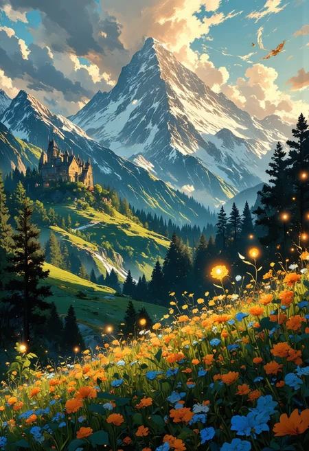 A breathtaking fantasy valley filled with endless fields of glowing wildflowers, their petals shimmering in soft golden light. Majestic snow-capped mountains rise in the background, with floating islands suspended in the sky, their edges cascading with luminescent waterfalls. A grand enchanted castle with golden spires sits in the heart of the valley, nestled among lush green hills, with tiny glowing fireflies dancing in the air. Small mystical villages dot the landscape, with twisting cobblestone paths leading to magical bridges made of crystal. Above, the sky is alive with ethereal creatures—a majestic dragon with iridescent wings soars gracefully through the clouds, while flocks of radiant phoenixes leave behind trails of ember-like light. Floating celestial whales gently glide across the sky, their translucent bodies shimmering under the golden rays of a twin sun. The wind carries the sound of mystical chimes and distant singing, and the air itself glows with a soft pastel aura, as if infused with magic. The entire scene feels like a dreamlike utopia, where nature and magic exist in perfect harmony. The atmosphere is a harmonious fusion of nature, and fantasy, creating a mesmerizing, dreamlike world full of wonder and possibility. Anime art, VibrantlySharp style,