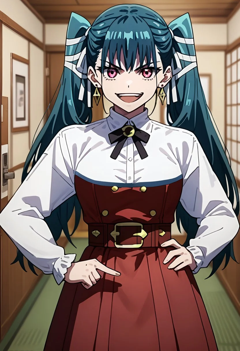 score_9,score_8_up,score_7_up,source_anime,YACHIHO_AZUMA,1girl,solo,looking at viewer,smile,open mouth,bangs,skirt,shirt,long sleeves,ribbon,twintails,standing,hair ribbon,white shirt,earrings,hand on hip,red skirt,pointing,white ribbon,pointing at viewer,